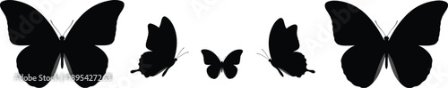 Five black silhouette butterflies of varying sizes and orientations on a white background