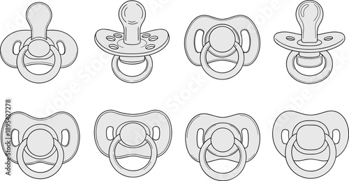 Eight different styles of baby pacifiers shown in a simple line dummy soother infant