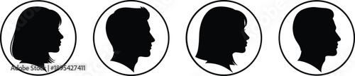 Four black and white silhouettes of people's heads in oval frames head profiles profile views