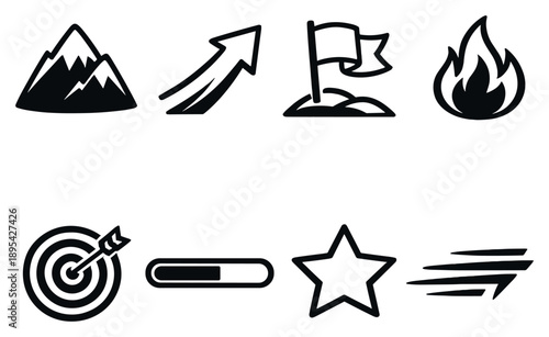 Personal ambition drive in outline style: mountain peak, upward arrow, goal flag, determination flame, focus target, progress bar, achievement star, momentum. Vector icons