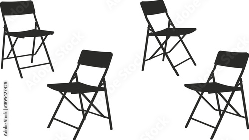 Four black folding chairs on white background metal chairs empty chairs