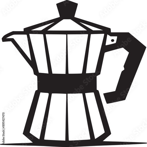 A minimalist black and white illustration of a traditional stovetop espresso maker on a white background