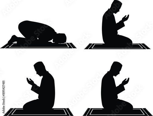 Four black silhouette figures of men praying on prayer mats in different positions