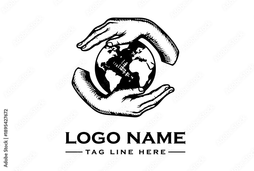 Obraz premium A black and white logo featuring two hands cradling a globe with a placeholder name and tagline on a plain white background.