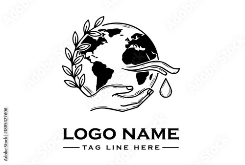 Black and white logo of a hand holding a globe with a leafy wreath and a water droplet, with space for a logo name and tag line on a white background.
