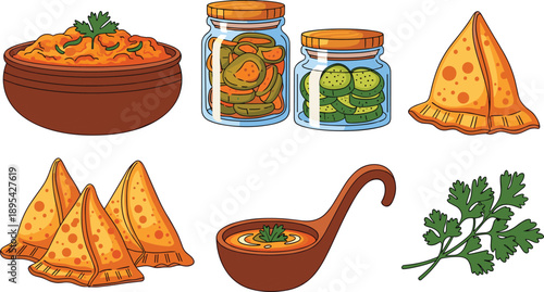 Indian food assortment with samosas pickles chutney and cilantro