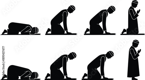 Islamic prayer poses silhouette showing prostration kneeling and standing positions