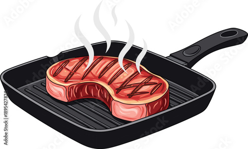 Raw steak cooking on a black grill pan with steam rising uncooked meat beef