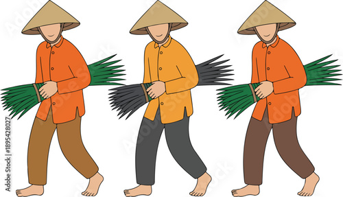 Vietnamese Farmer Cartoon Character Elderly Man Harvesting Rice in Rural Life