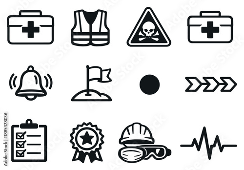 Health and safety measures in outline style: medical kit, safety vest, hazard icon, first aid kit, alert bell, milestone flag, status indicator dot, workflow. Vector icons