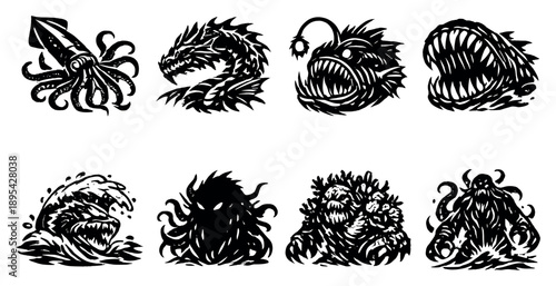 Mythic Ocean Creatures Set in outline style: colossal squid, ancient sea dragon, bioluminescent monster, jagged teeth maw, wave breaking beast, deep sea shadow. Vector icons