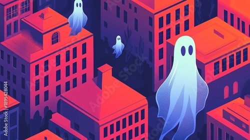 A whimsical illustration depicting ghostly figures floating above stylized buildings in a vibrant, colorful urban setting.