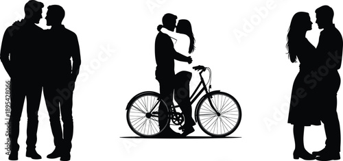 Silhouettes of couples embracing and a couple on a bicycle against a white background