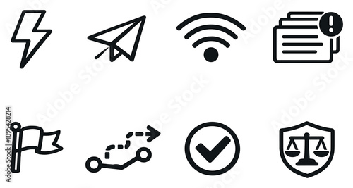 Real time alert dispatch in outline style: lightning bolt, send arrow, live signal waves, queued alerts stack, priority flag, delivery path line, success tick. Vector icons