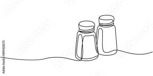 Salt and Pepper Shakers continuous one line drawing minimalism design, A continuous line drawing of a salt shaker with holes on top on a white background surface, Salt or paper shaker one line