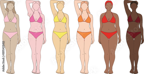 Six diverse women in bikinis with different skin tones and body types standing against a white background