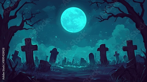 A haunting graveyard scene illuminated by a large, bright moon, surrounded by twisted trees and silhouetted gravestones against a deep blue night sky.