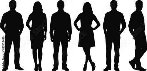Six black silhouettes of people standing against a white background woman