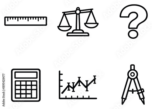 Uncertainty Measurement in outline style: Ruler, Scale, Question Mark, Calculator, Graph, Compass. Vector icons