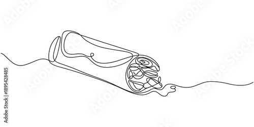 One single line drawing of Mexican burritos, Greek shawarma, shawarma or gyro. Street fast food concept. Modern continuous line draw design logo for cafe. Vector illustration