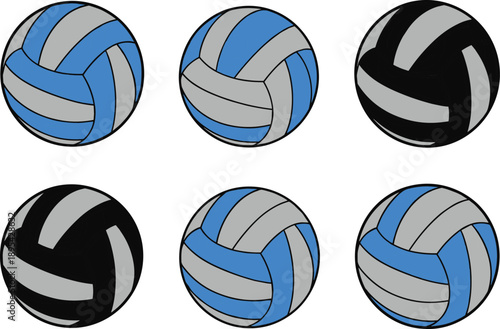 Six volleyballs with blue gray and black panels arranged in two rows of three sport