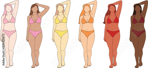 Six women in bikinis with different skin tones and hair colors standing side by side