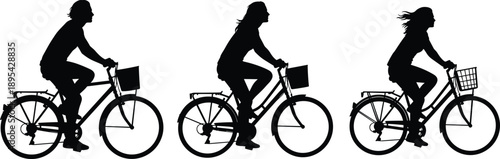 Three black silhouette figures riding bicycles with front baskets and rear racks