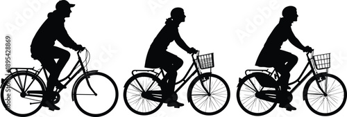 Three silhouettes of people riding bicycles with and without baskets bike riding