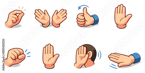 Communication and Meaningful Gestures set of icons in flat isometric style: emphasis pinch gesture, clarification hand spread, agreement nod hand, disagreement. Vector icons