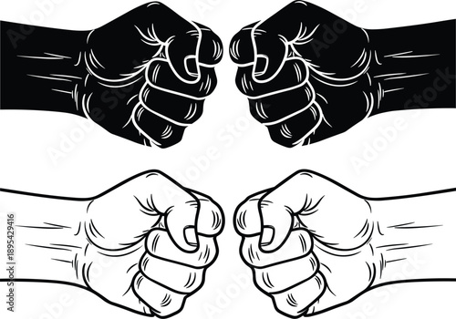 Two pairs of black and white clenched fists facing each other in a style hand black fist