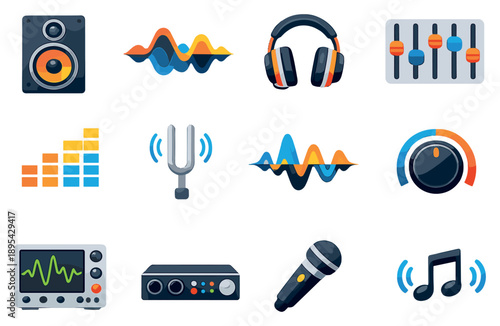 Acoustic Balance in flat style: speaker, sound wave, headphones, fader, equalizer, tuning fork, waveform, volume knob, music note, oscilloscope, audio interface. Vector icons