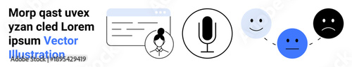 Sentiment analysis, audio transcription, communication tools, user feedback, technology interfaces, online platforms. Microphone icon, emoticons web interface. Sentiment analysis and audio