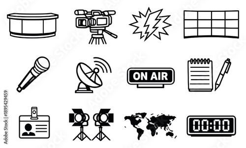 Breaking news coverage essentials in outline style: news anchor desk, live broadcast camera, breaking alert lightning, newsroom screens wall, microphone. Vector icons