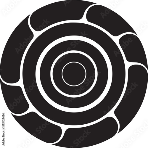 A black and white circular design with concentric circles and segmented outer ring in a minimalist style