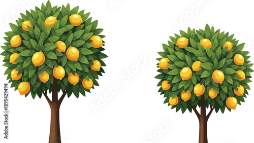 Two stylized lemon trees with bright yellow fruit and green leaves on white background
