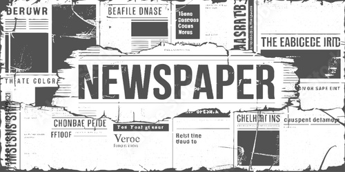 Vector white and black newspaper paper grunge vintage old aged texture with fragments of newspaper text Transparent background. Newspaper with old grunge vintage unreadable paper texture background.
