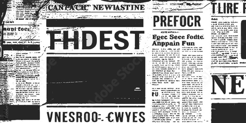 Vector white and black newspaper paper grunge vintage old aged texture with fragments of newspaper text Transparent background. Newspaper with old grunge vintage unreadable paper texture background.