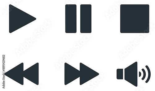 Video Navigation in flat style: play, pause, stop, rewind, forward, volume icon. Vector icons