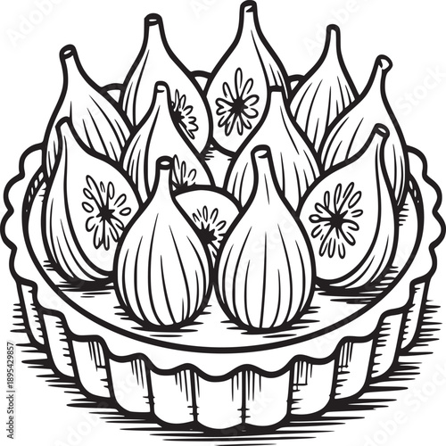 A black and white line drawing of a fig tart with decorative crust and sliced fig toppings arranged neatly
