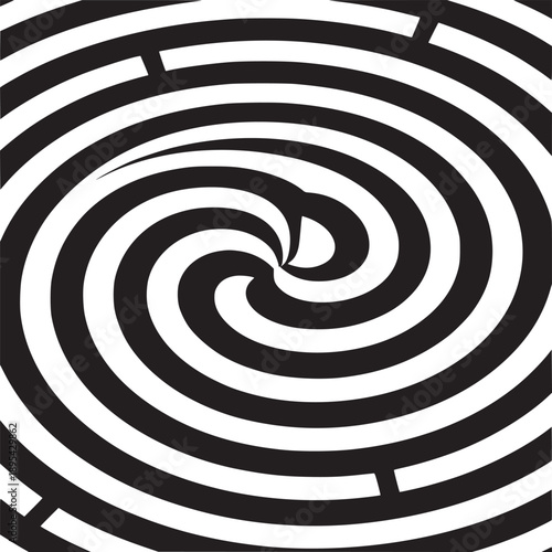 A black and white optical illusion with a spiral pattern and maze like interruptions on the lines