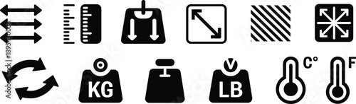 Measurement and conversion icon set, scale ruler resize symbols, unit temperature weight vector illustration