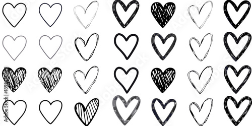 Collection of hand drawn hearts in various styles and shades