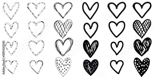 Collection of hand drawn hearts in varying styles and fill patterns