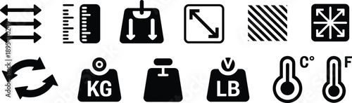 Measurement and conversion icon set, scale ruler resize symbols, unit temperature weight vector illustration