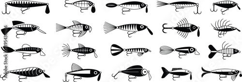 Fishing lure silhouette collection, artificial bait designs, angling tackle shapes, black vector illustration set