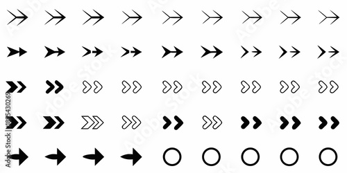 Arrangement of black arrow shapes and circles on a white background