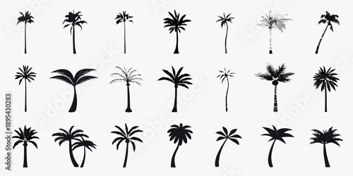 Collection of various black silhouette palm tree illustrations in a grid