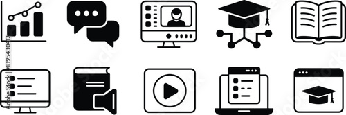 Online education icon set, e learning symbols, digital course video tutorial knowledge vector illustration design
