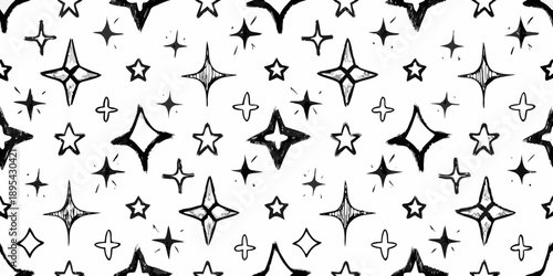Seamless pattern of hand drawn sparkling stars and diamond shapes on white