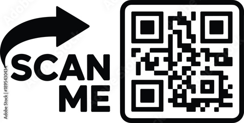Scan me QR code label, mobile scanning symbol, digital payment and marketing vector illustration
